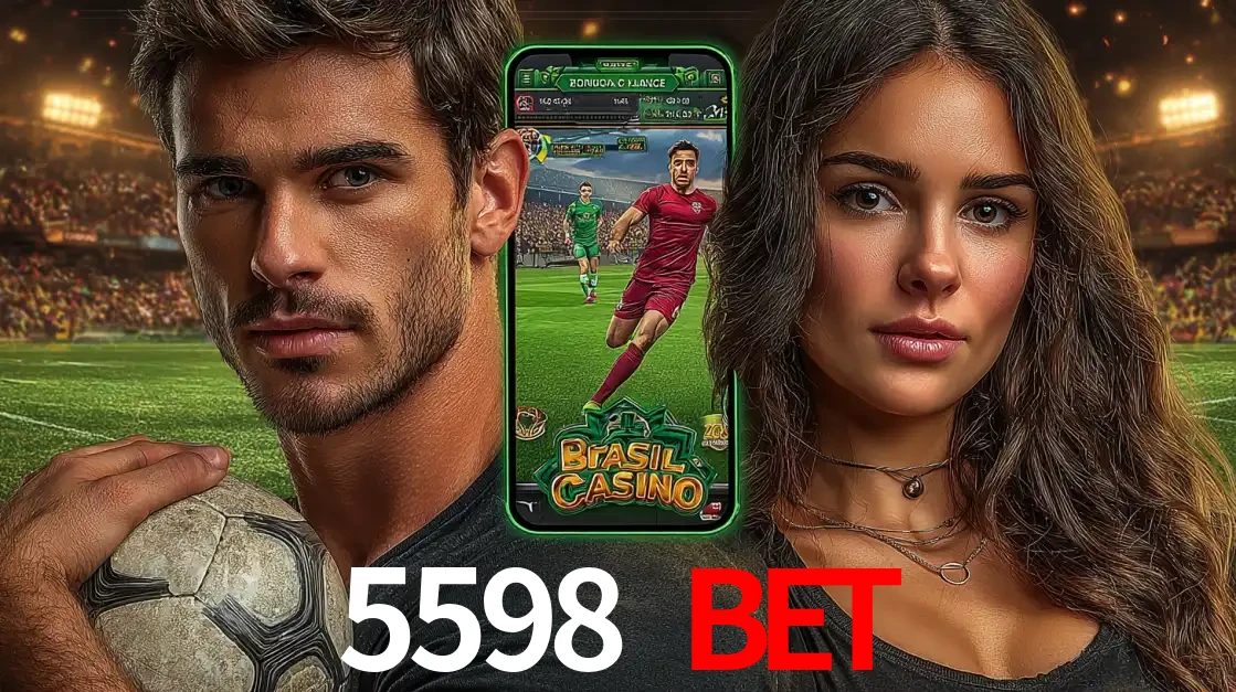 Homem segurando uma bola de futebol e uma mulher ao lado de um smartphone exibindo o jogo de apostas esportivas da 5598 BET. Faça seu palpite no cassino online.